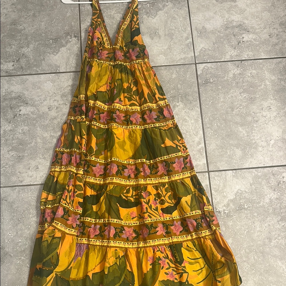 FARM Rio Mustard Yellow & Olive Green Floral Halter Maxi Dress